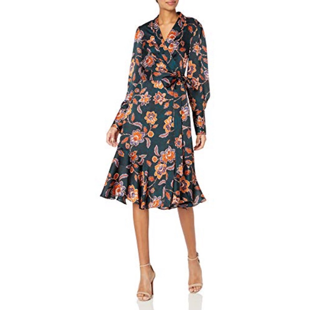 NWT BCBGMAXAZRIA Women Sateen Floral Wrap Dress Green size M